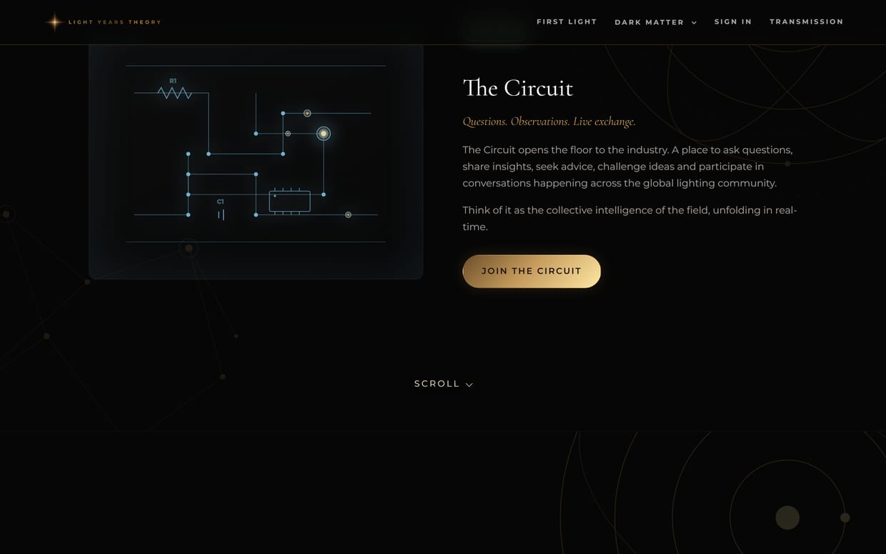 Light Years Theory home page, mid-scroll