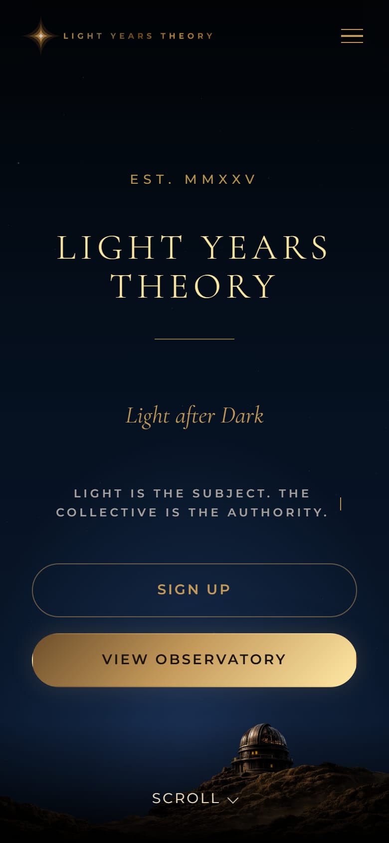 Light Years Theory home page on a 390 px phone